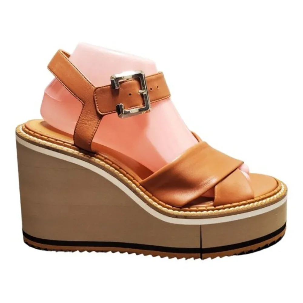 NIB Clergerie Noemie Platform Wedge Sandal Brown Leather Size 39.5 /‎ 9.5 NEW